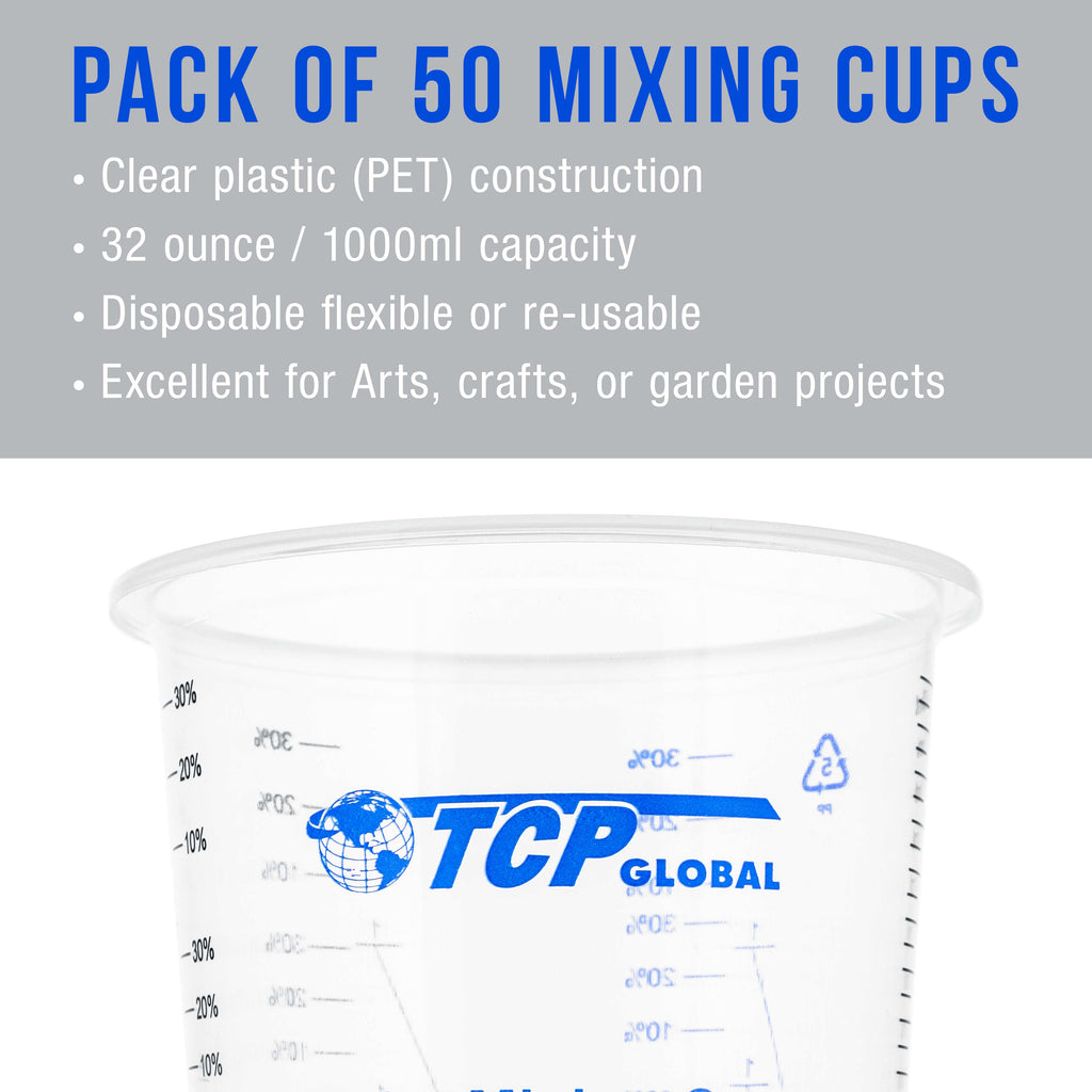 32 oz. (1000ml) Graduated Plastic Mixing Cups (Box of 50) - Disposable Plastic Measuring Cups for Liquids, Paints, Resin, Epoxy, Art, Kitchen