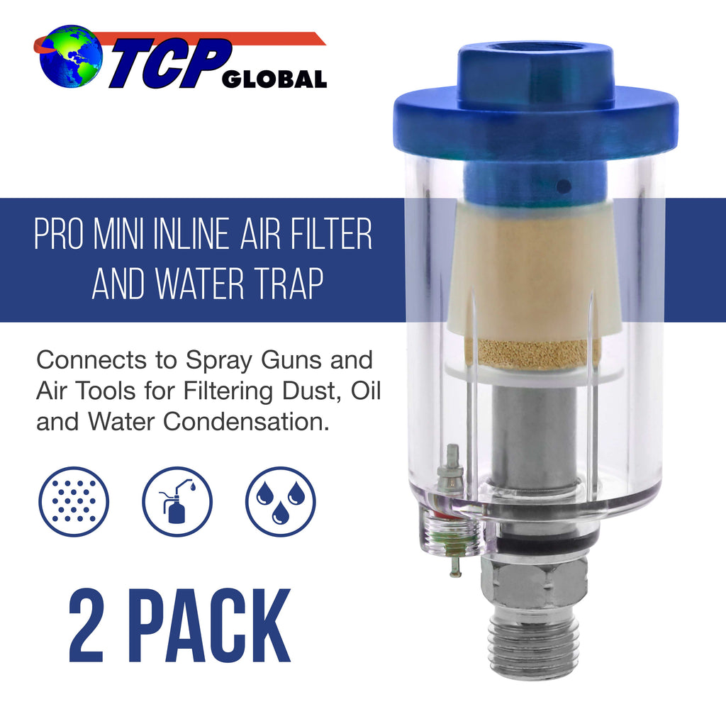 Mini In-Line Air Filter (2 Pack) - Water & Oil Separator with Drain Valve - Water Trap, Air Dryer, Removes Moisture, Dirt - Use on Compressor Hose