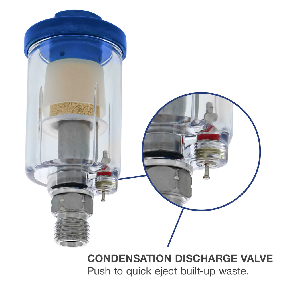 Mini In-Line Air Filter (2 Pack) - Water & Oil Separator with Drain Valve - Water Trap, Air Dryer, Removes Moisture, Dirt - Use on Compressor Hose