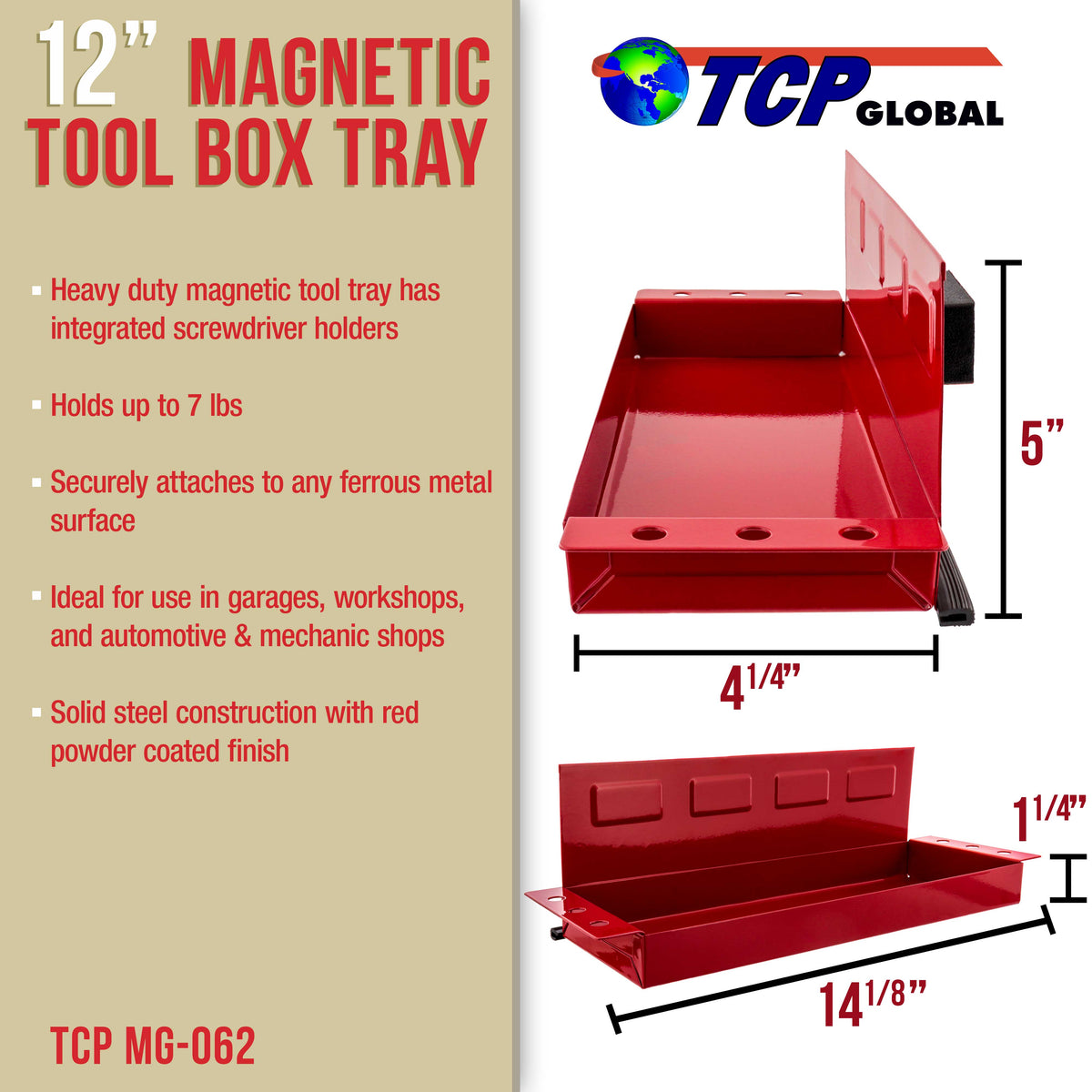 12" Magnetic Tool Shelf - Toolbox & Cabinet Organizer - Magnetic Tray for Shop, Garage, Workshop - Metal Surface Mount, Tool Box Accessories for