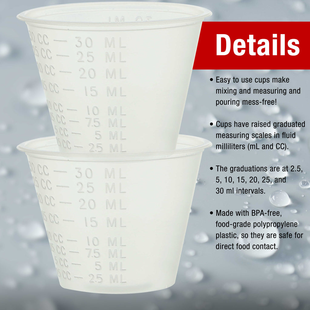 Pack of 50, 1 Ounce (30ml) Graduated Plastic Clear Measuring and Mixing Cups - Hold, Mix Paint, Acrylic Art Hobby Airbrush Pouring Paint
