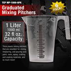 1 Liter (1000ml) Plastic Graduated Measuring and Mixing Pitcher (Pack of 6), Quart 32oz - Pouring Cups, Measure & Mix Paint, Resin, Cooking