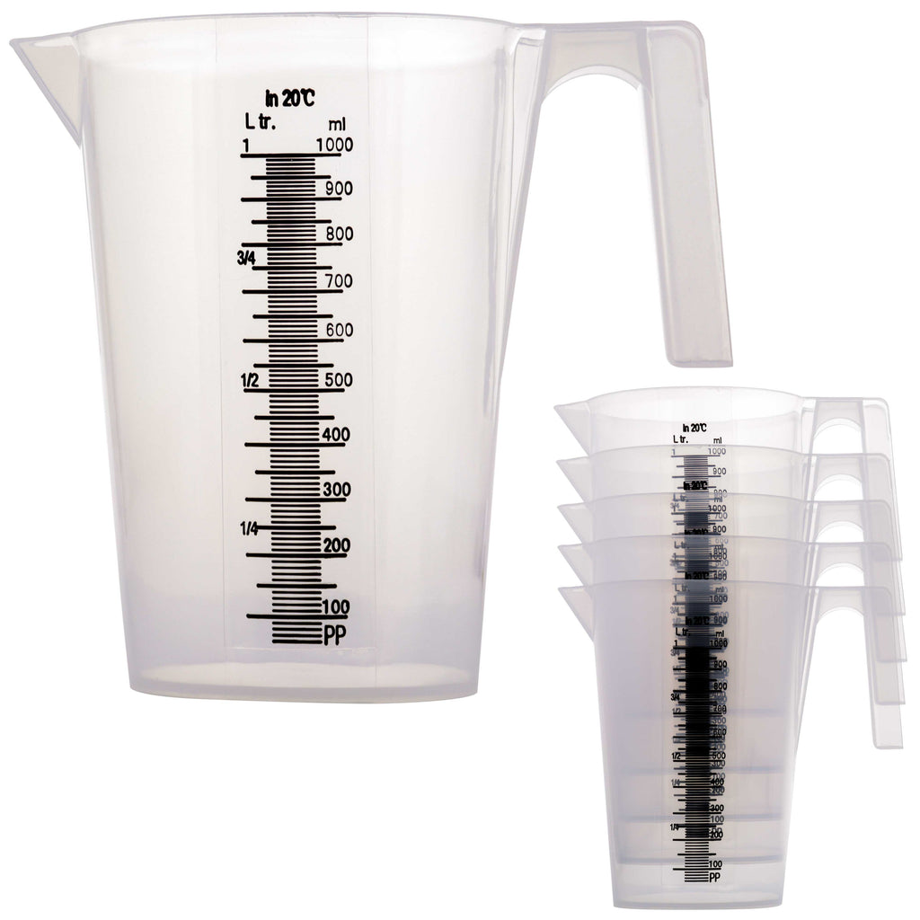 1 Liter (1000ml) Plastic Graduated Measuring and Mixing Pitcher (Pack of 6), Quart 32oz - Pouring Cups, Measure & Mix Paint, Resin, Cooking