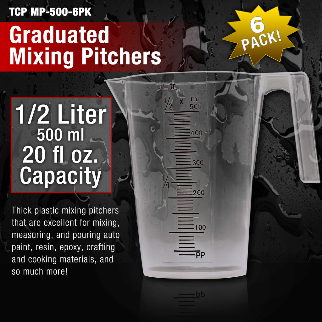 1/2 Liter (500ml) Plastic Graduated Measuring and Mixing Pitcher (Pack of 6) - 1 Pint (16oz) - Pouring Cups, Measure & Mix Paint, Cooking