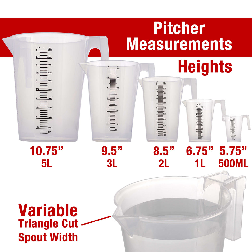 5 Piece Set of Plastic Graduated Measuring Mixing Pitchers - 500, 1000, 2000, 3000, 5000 ml Sizes - Pouring Cups Measure Mix Paint, Cooking