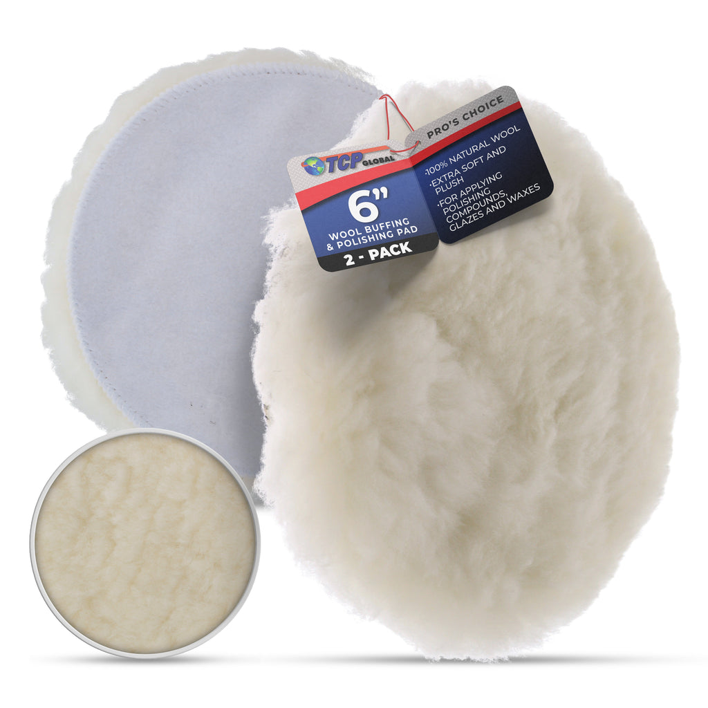 Premium 6 Inch Wool Buffing Pads (2 Pack) - 100% Natural Wool Buffer Pads, Polishing Pad for Car Detailing - 1 Inch Thick Pile, Hook and Loop Buffing