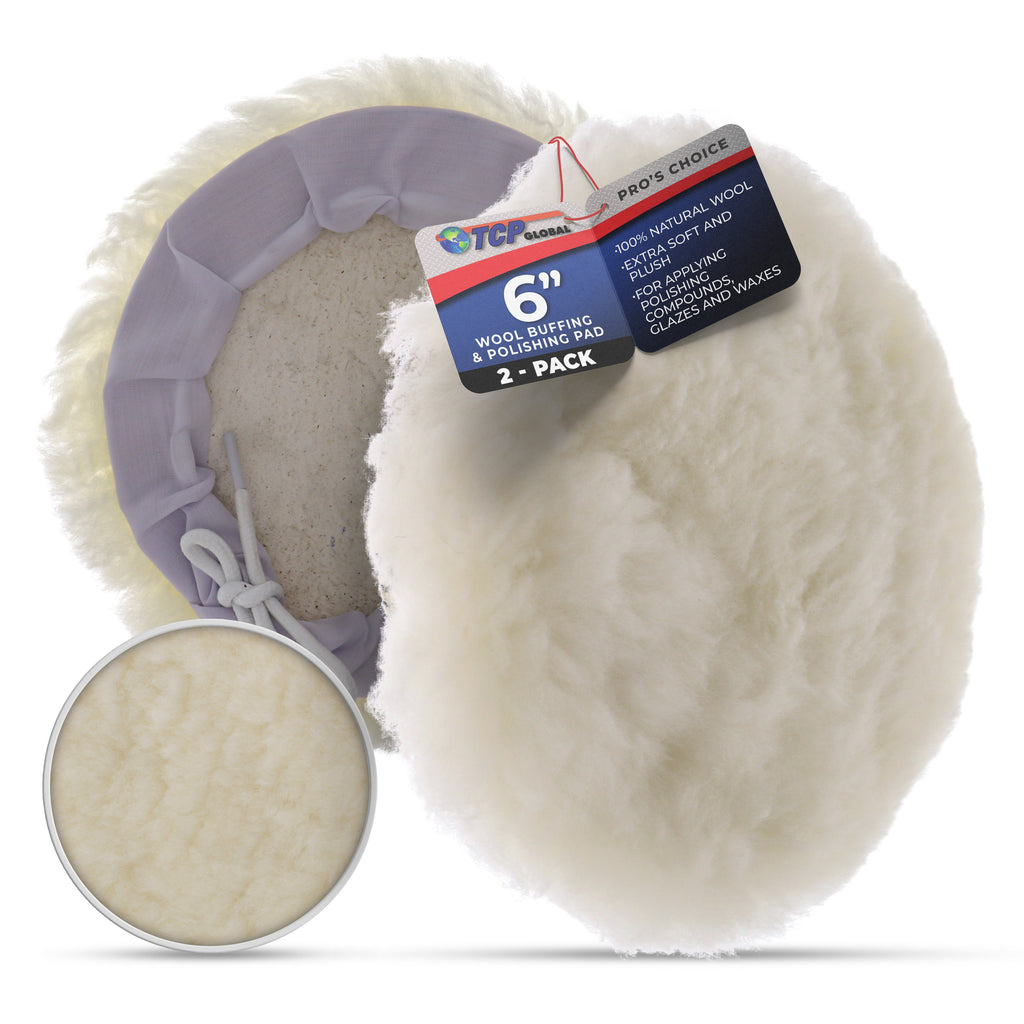 Premium 6 Inch Wool Buffing Pads (2 Pack) - 100% Natural Wool Buffer Pads, Polishing Pad for Car Detailing - 1 Inch Thick Pile, Tie-On Bonnet Buffing