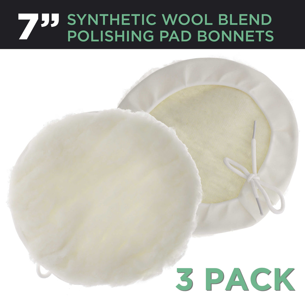 Premium 7 Inch Wool Buffing Pads (3 Pack) - Synthetic Wool Buffer Pads, Polishing Pad for Car Detailing - 1 Inch Thick Pile, Tie-On Bonnet Buffing