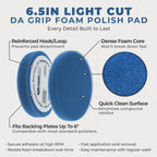 6.5" Blue Flat Light Cut DA Grip Foam Polish Pad - Hook & Loop Buffer Pads - Car Buffing Pads for Paint Correction, Detailing