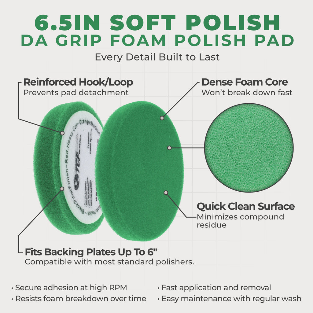 6.5" Green Flat Light Cut DA Grip Soft Foam Polish Pad - Hook & Loop Buffer Pads - Car Buffing Pads for Paint Correction, Detailing