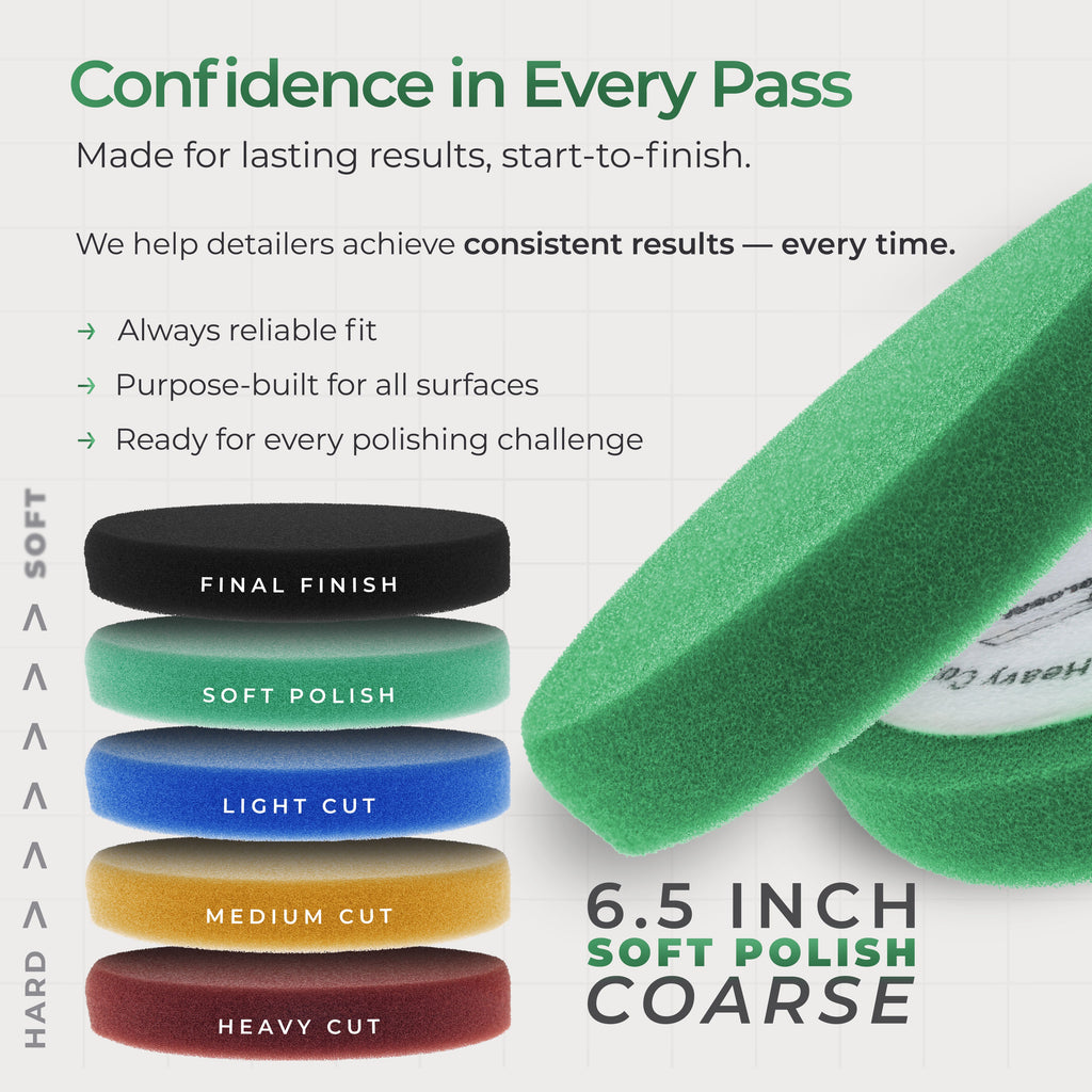 6.5" Green Flat Light Cut DA Grip Soft Foam Polish Pad - Hook & Loop Buffer Pads - Car Buffing Pads for Paint Correction, Detailing