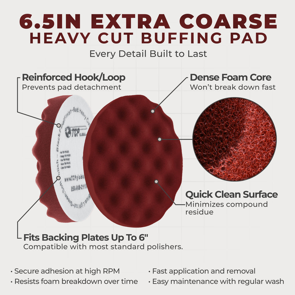 6.5" Red Waffle Foam Buffing Pad Hook and Loop Backing - Heavy Cut Pad for Polishing, Automotive, Marine, Truck, RV & Compound Cutting, Car Polishing