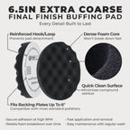6.5" Black Waffle Foam Buffing Pad Hook and Loop Backing - Final Finishing Pad for Polishing, Automotive, Marine, Truck, RV & Compound Cutting, Car