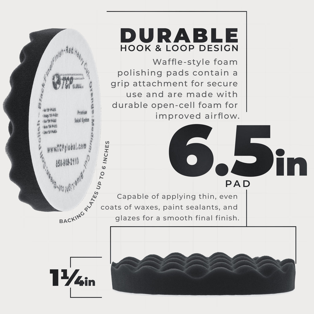 6.5" Black Waffle Foam Buffing Pad Hook and Loop Backing - Final Finishing Pad for Polishing, Automotive, Marine, Truck, RV & Compound Cutting, Car