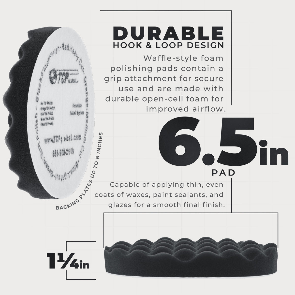 6.5" Black Waffle Foam Buffing Pad Hook and Loop Backing - Final Finishing Pad for Polishing, Automotive, Marine, Truck, RV & Compound Cutting, Car