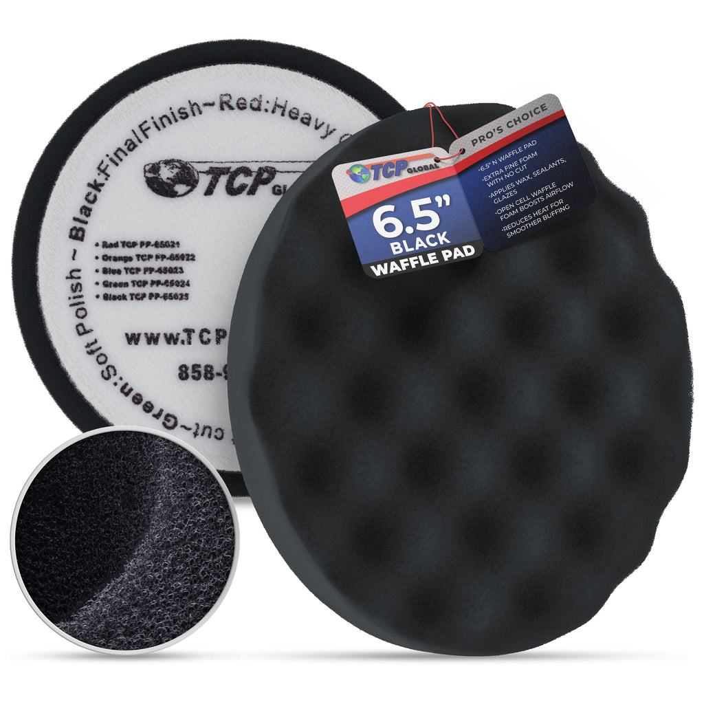 6.5" Black Waffle Foam Buffing Pad Hook and Loop Backing - Final Finishing Pad for Polishing, Automotive, Marine, Truck, RV & Compound Cutting, Car
