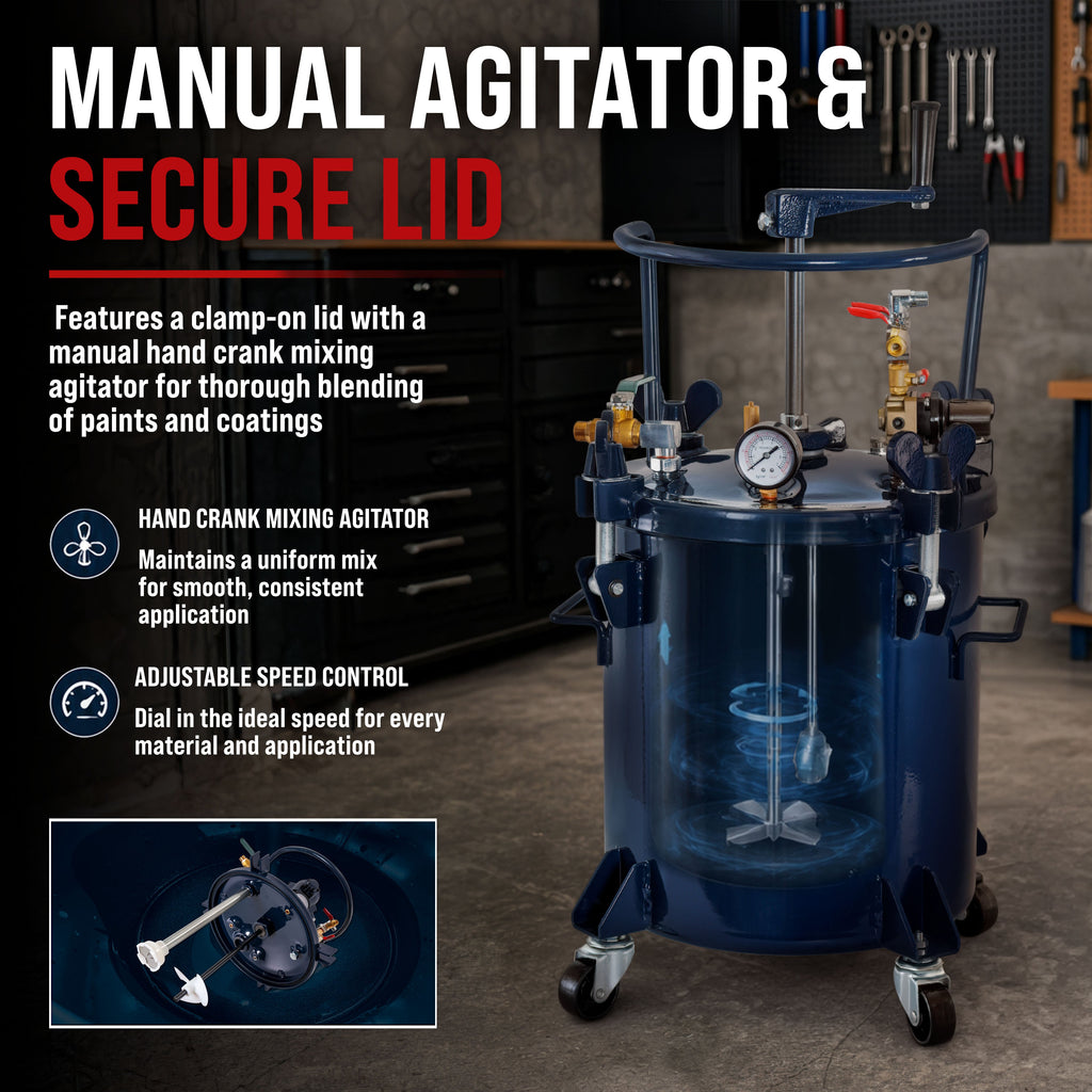 5 Gallon (20 Liter) Heavy Duty Steel Pressure Pot Paint Tank with Clamp on Lid, Manual Mixing Agitator, Regulator & Pressure Gauge for Casting