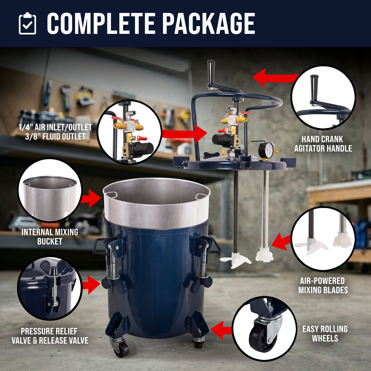 5 Gallon (20 Liter) Heavy Duty Steel Pressure Pot Paint Tank with Clamp on Lid, Manual Mixing Agitator, Regulator & Pressure Gauge for Casting