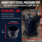 10 Gallon (38 Liter) Heavy Duty Steel Pressure Pot for Resin Casting with Clamp on Lid, Caster Wheels, Regulator & Gauge, Large Volume Epoxy Resin
