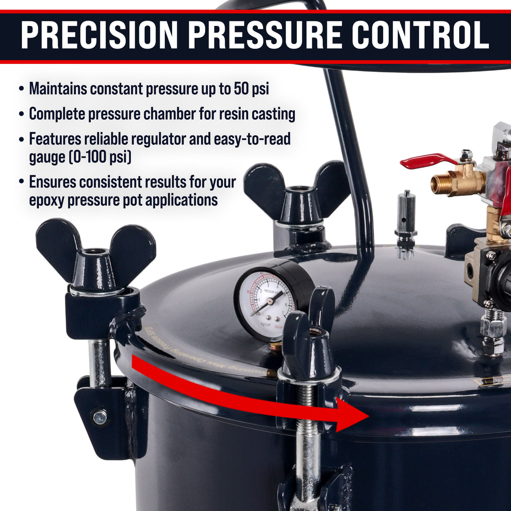 10 Gallon (38 Liter) Heavy Duty Steel Pressure Pot for Resin Casting with Clamp on Lid, Caster Wheels, Regulator & Gauge, Large Volume Epoxy Resin
