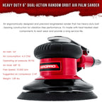 Professional Heavy Duty 6" Dual-Action Random Orbit Air Palm Sander with Both PSA and Hook & Loop Backing Pads - Orbital Pneumatic Sanding Disc Sander