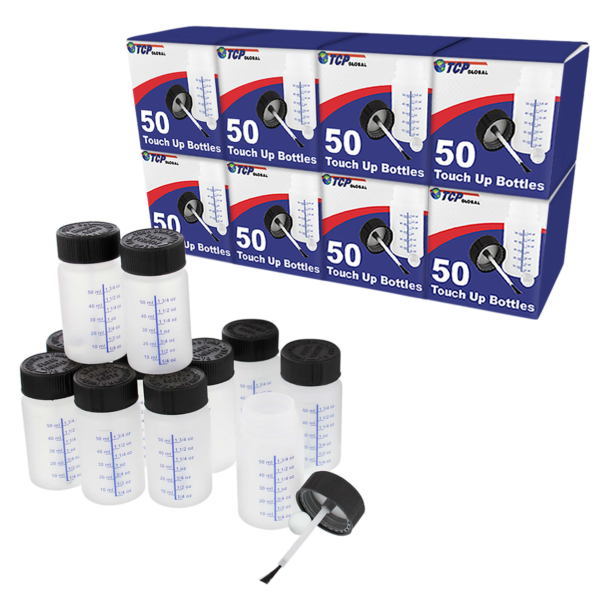 2-Ounce Paint Touch-Up Bottles with Safety Lids (Box of 400), Mixing Ball, and Applicator Brush - 60ml Fluid Capacity for Auto, Car, and Craft