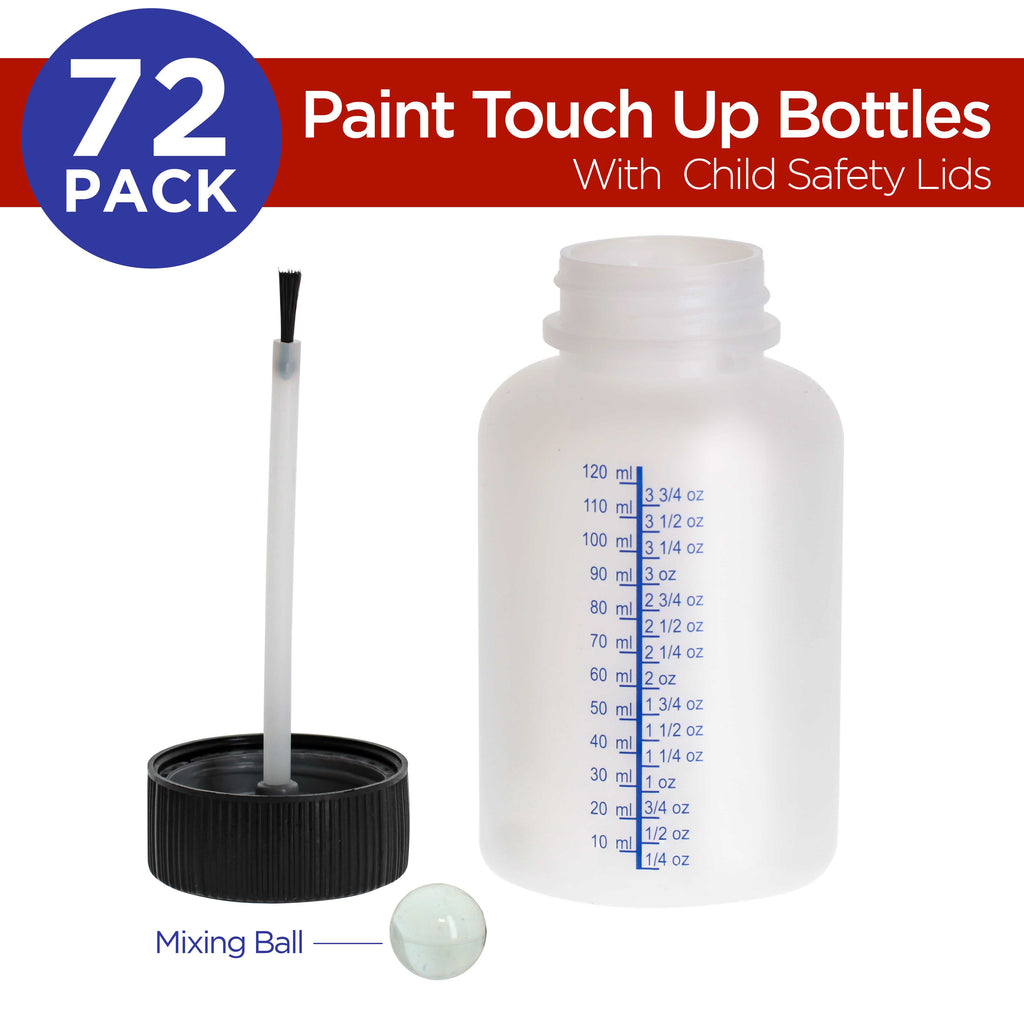 4.5-Ounce Paint Touch-Up Bottles with Safety Lids (Box of 72), Mixing Ball, and Applicator Brush - 140ml Fluid Capacity for Auto, Car, and Craft