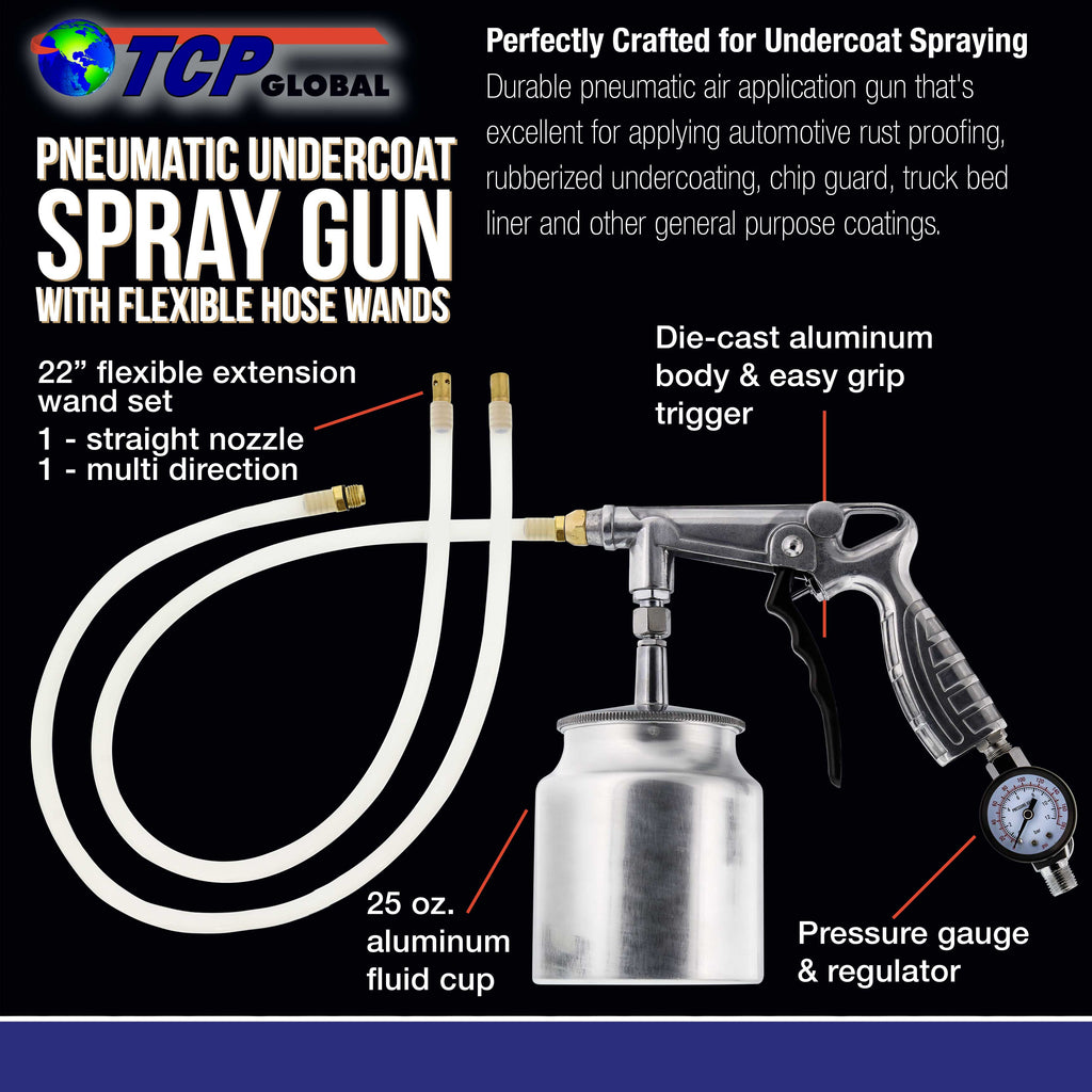 Air Undercoating Spray Gun with Gauge, Suction Feed Cup & 2 Wands - 22" Long Flexible Extension Wand with Multi-Directional Nozzle - Sprayable Bed
