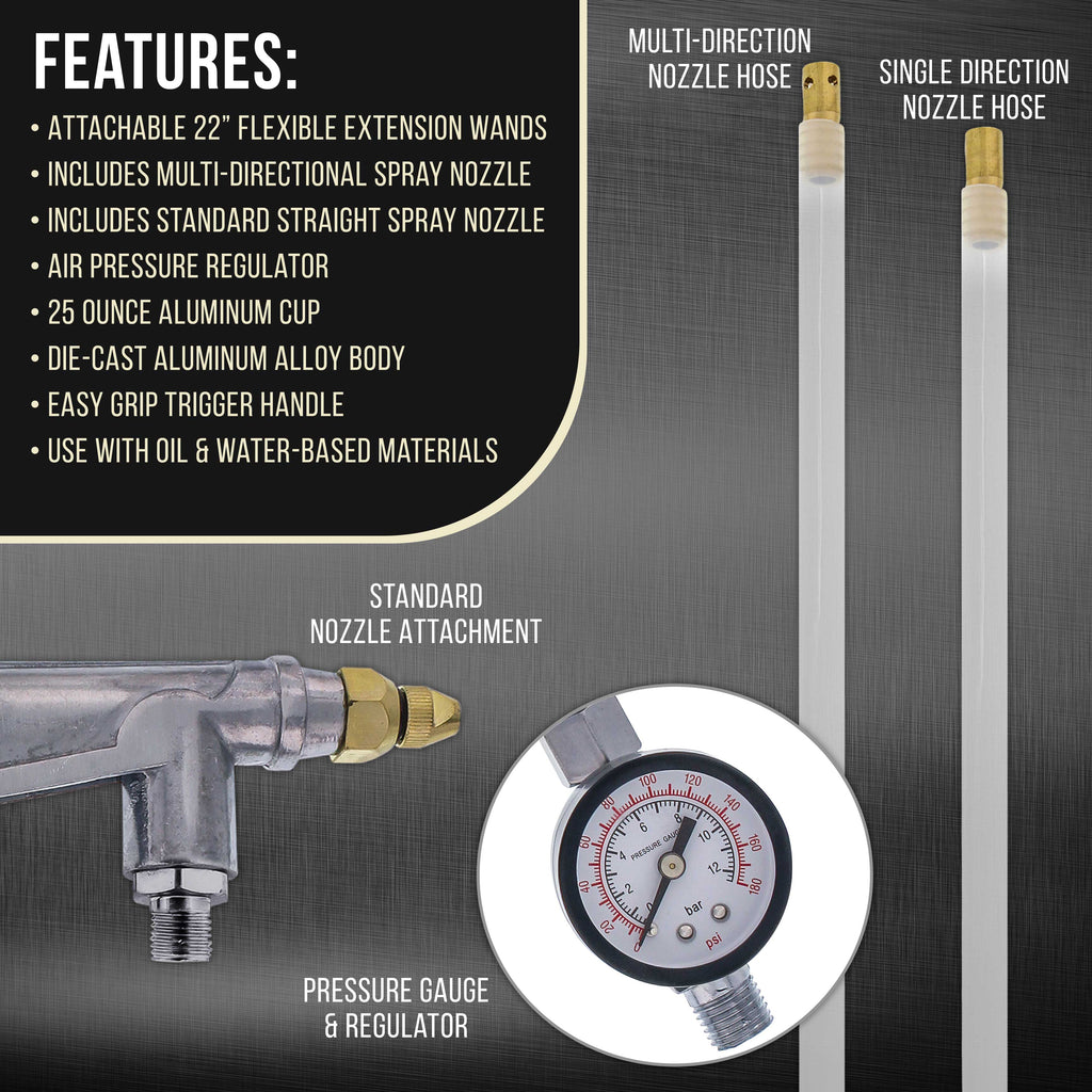 Air Undercoating Spray Gun with Gauge, Suction Feed Cup & 2 Wands - 22" Long Flexible Extension Wand with Multi-Directional Nozzle - Sprayable Bed