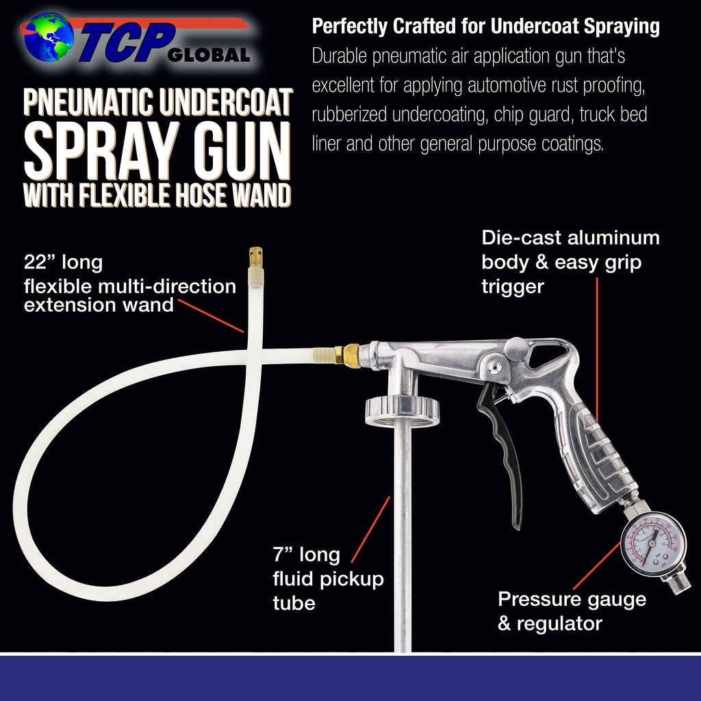Air Undercoating Spray Gun with Gauge, Includes 22" Long Flexible Extension Wand with Multi-Directional Nozzle - Sprayable Bed Liner, Rubberized