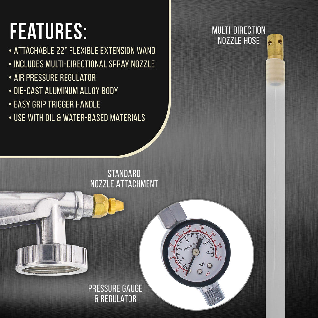 Air Undercoating Spray Gun with Gauge, Includes 22" Long Flexible Extension Wand with Multi-Directional Nozzle - Sprayable Bed Liner, Rubberized