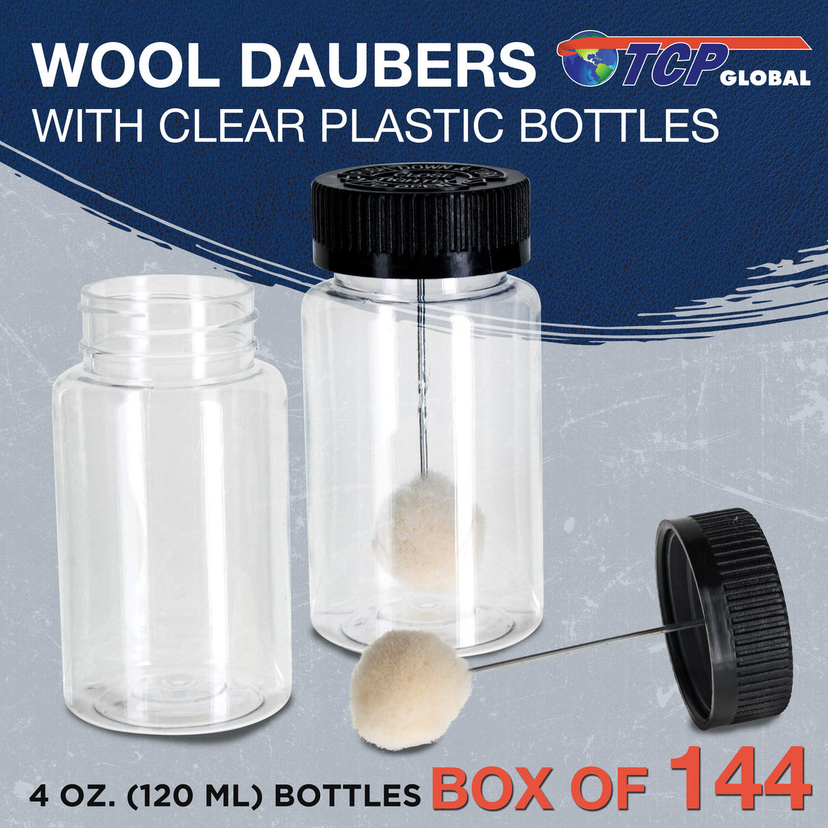 144-Pack Wool Daubers with Clear Plastic Bottles, 4 oz. (120 ml) - Safety Lids, Applicator Ball Brushes for Leather Dye, Dyeing, Painting, Gluing