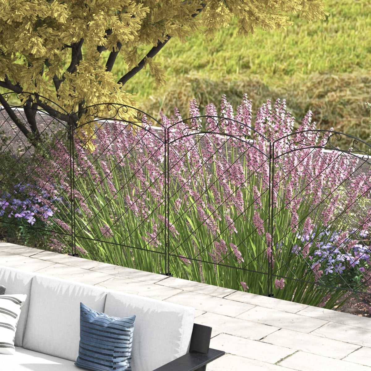 4 Pack Steel Fence Panels, 11.4' L x 43" H, Border Flower Edging for Yard, Swirl Vines