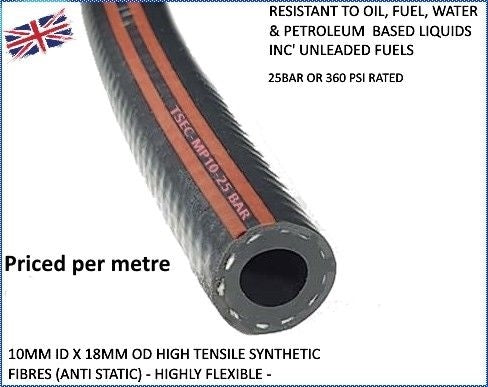 Black Rubber Reinforced Fuel Hose – Power Steering; Oil Hose – 10mm, 13mm, 16mm – Priced Per Metre