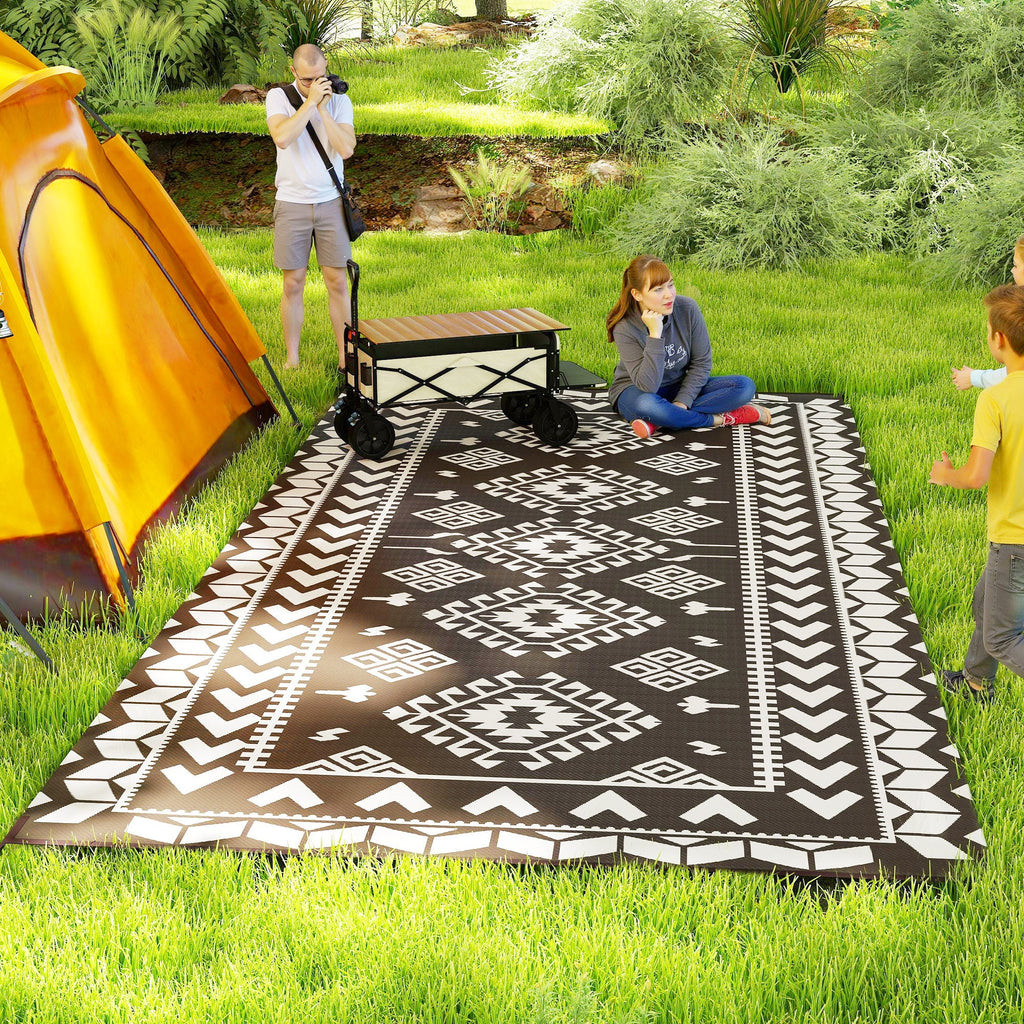 9' x 18' Outdoor Rug, Waterproof Reversible Straw Material, Black & White Rhombus Pattern