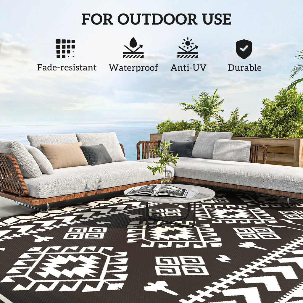 9' x 18' Outdoor Rug, Waterproof Reversible Straw Material, Black & White Rhombus Pattern