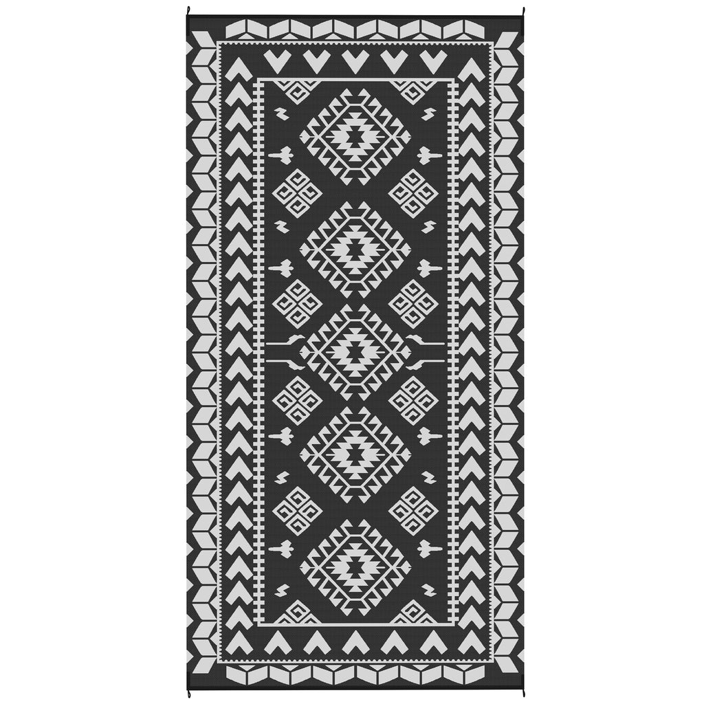 9' x 18' Outdoor Rug, Waterproof Reversible Straw Material, Black & White Rhombus Pattern