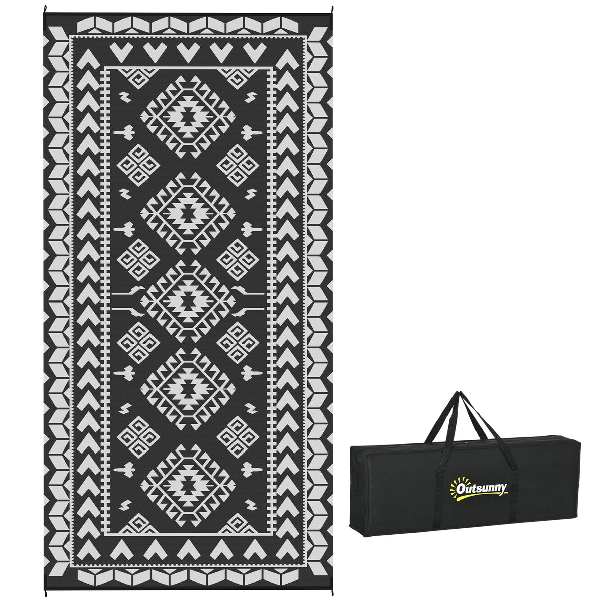 9' x 18' Outdoor Rug, Waterproof Reversible Straw Material, Black & White Rhombus Pattern