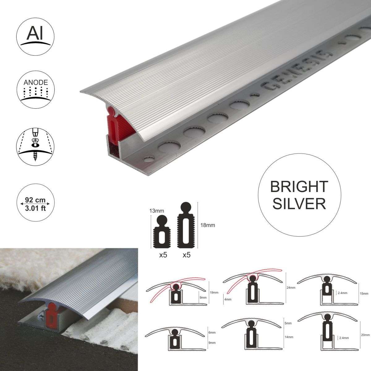 TTC 40mm Aluminium Door Threshold T-Bar Trim – Adjustable Easy Clip