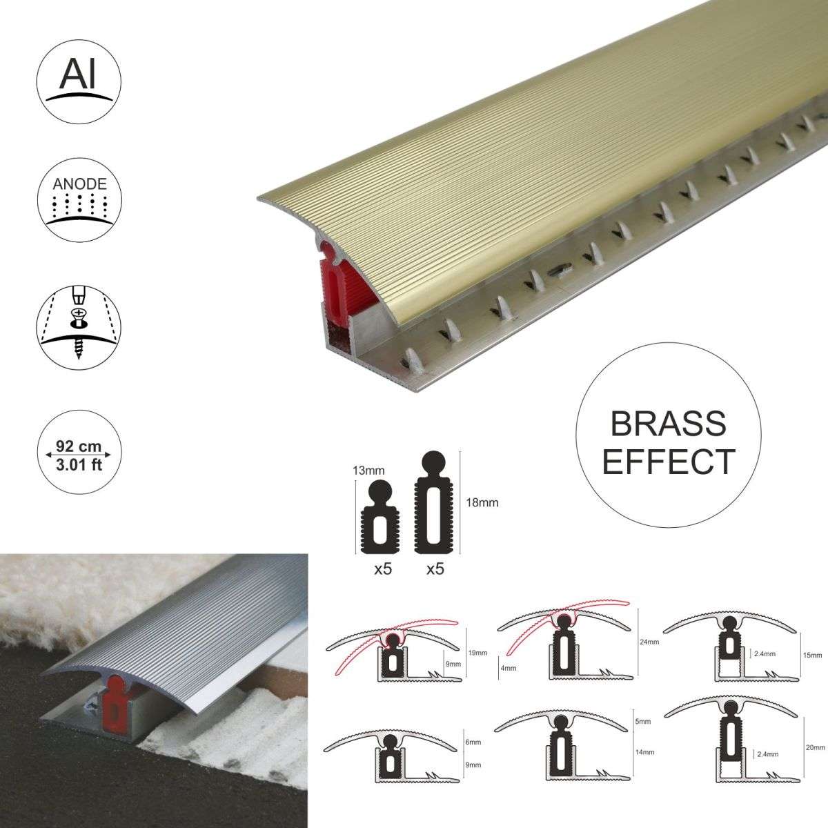 Aluminium Adjustable Height Carpet Door Threshold Strip 40mm Easy Clip TTG Pivot Transition Bar