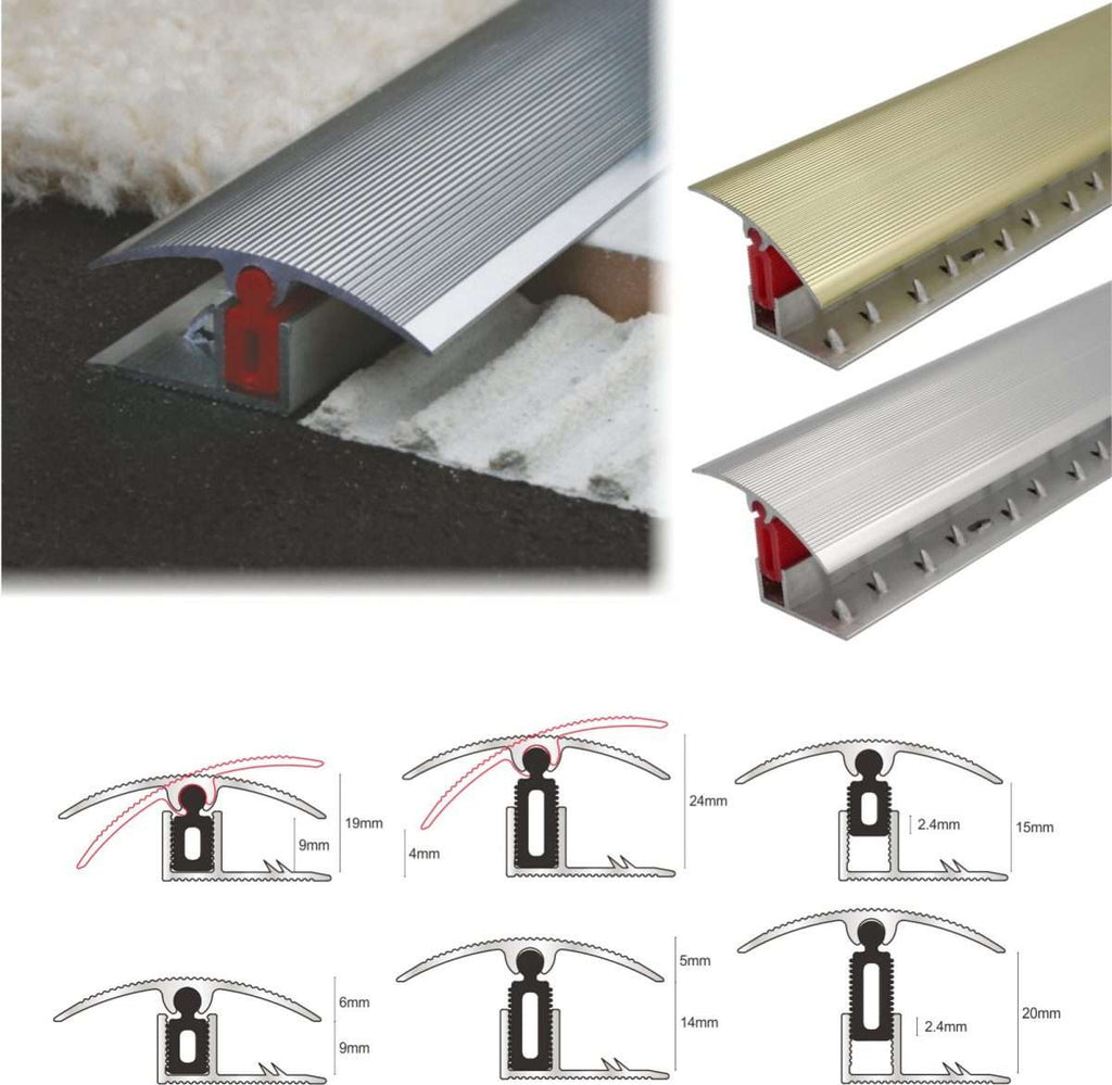 Aluminium Adjustable Height Carpet Door Threshold Strip 40mm Easy Clip TTG Pivot Transition Bar