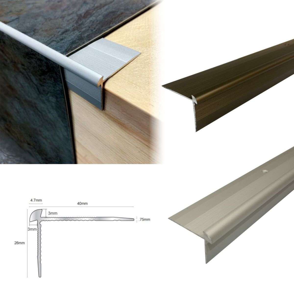 TVC 40 x 26mm Anodised Aluminium LVT Stair Nosing – Outer Corner 3mm Floors