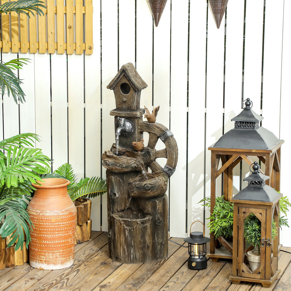 2-in-1 Tree Trunk Waterfall Fountain with Birdhouse & LED Lights, Mixed Color