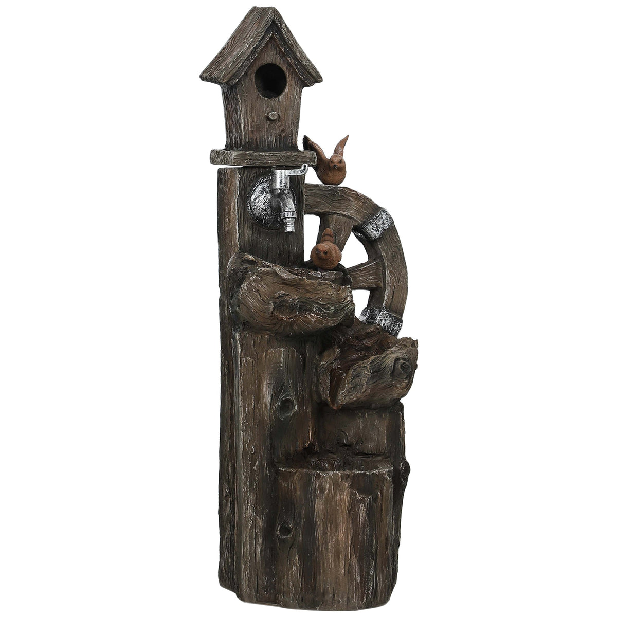 2-in-1 Tree Trunk Waterfall Fountain with Birdhouse & LED Lights, Mixed Color