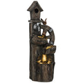 2-in-1 Tree Trunk Waterfall Fountain with Birdhouse & LED Lights, Mixed Color