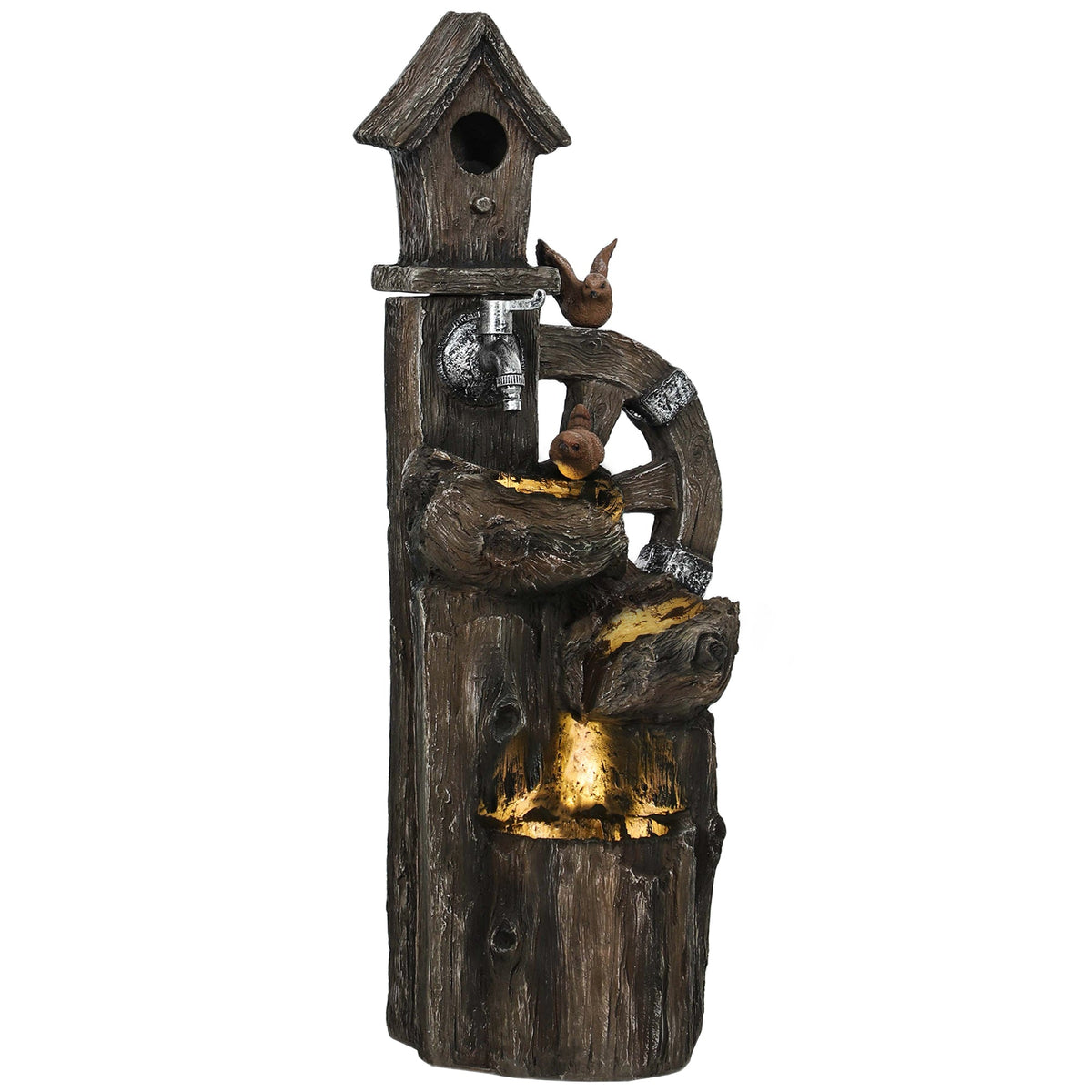 2-in-1 Tree Trunk Waterfall Fountain with Birdhouse & LED Lights, Mixed Color