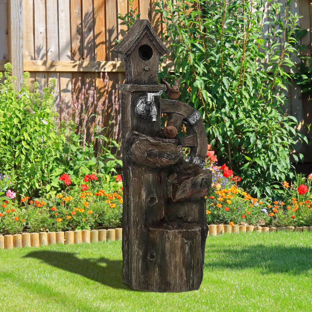 2-in-1 Tree Trunk Waterfall Fountain with Birdhouse & LED Lights, Mixed Color