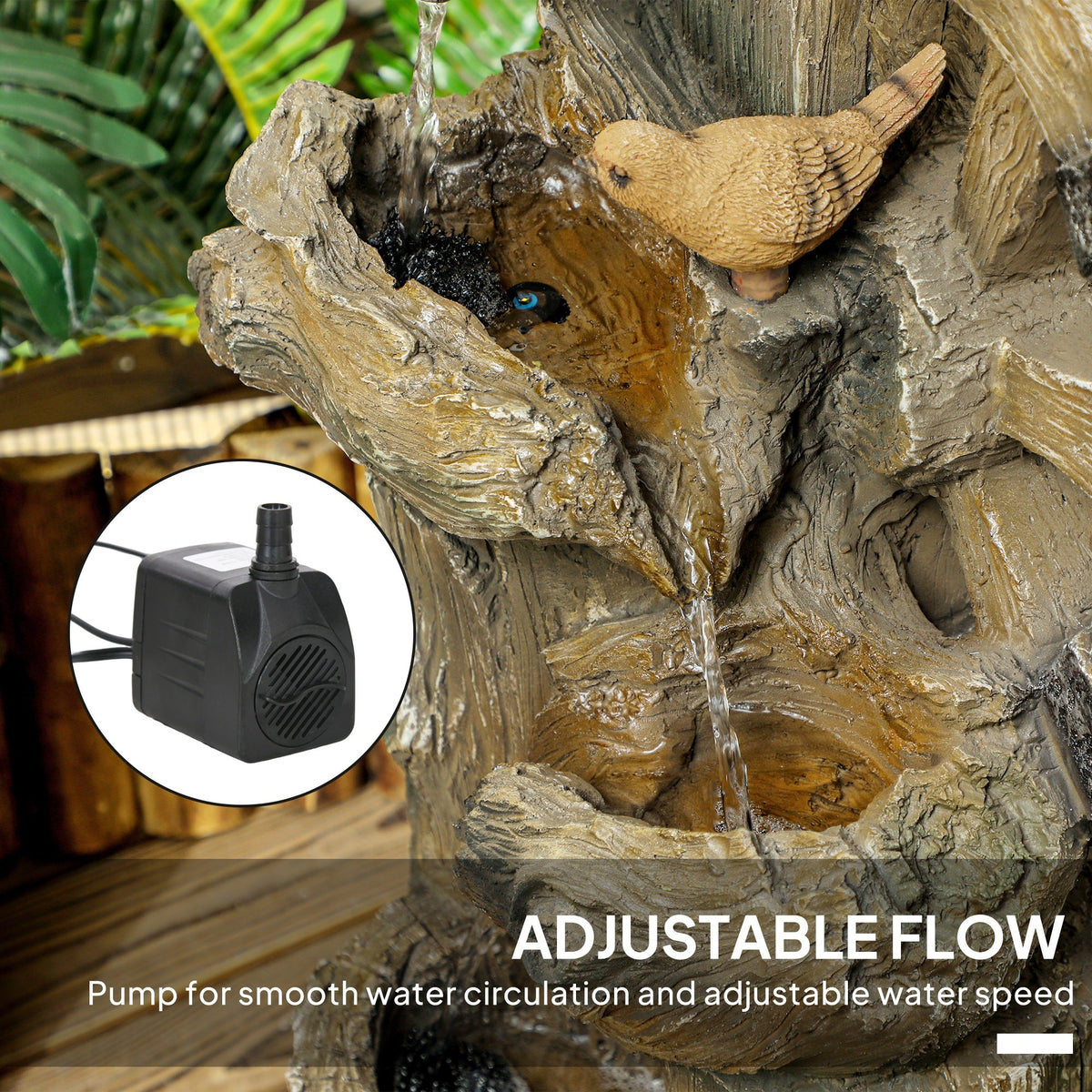 2-in-1 Tree Trunk Waterfall Fountain with Birdhouse & LED Lights, Mixed Color