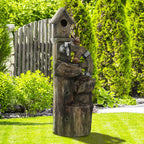 2-in-1 Tree Trunk Waterfall Fountain with Birdhouse & LED Lights, Mixed Color