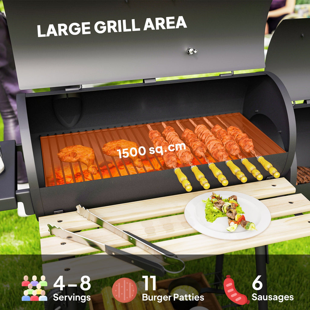 Charcoal Grill with Offset Smoker, Side Tables, Shelf, Thermometer & Wheels
